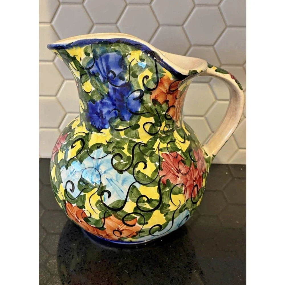 Beautiful Vintage Hand Painted Floral Ceramic Pitcher Vase Mexico Talavera Style